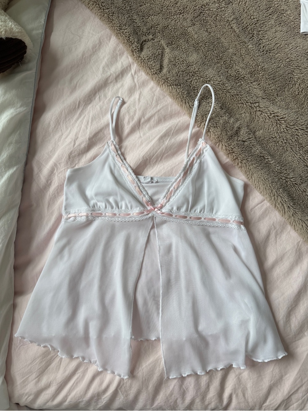 Garage White Tank Top with Light Pink Lace Trim